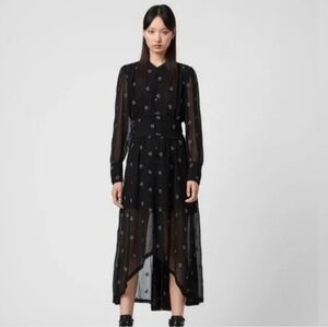 AllSaints Liza Cyla Embroidered Shirt Dress Beaded Midi A Line Goth Grunge M